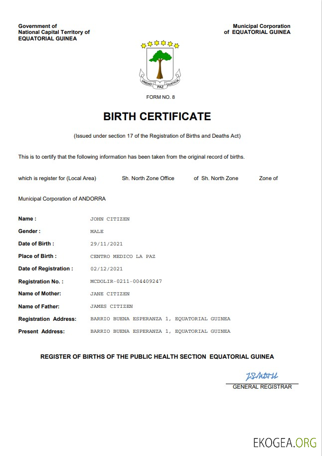 Modèle Word et PDF d'acte de naissance en Guinée équatoriale